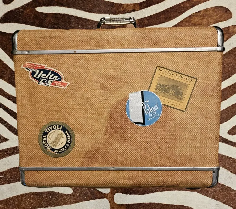 Vintage 50s Wheary Luggage Tweed Exterior Suitcase Hotel & Airline Decal Sticker
